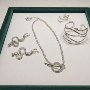 Silvertone Snake Jewelry Set Necklace , Cuff Wrap Bracelet,Hair Clips , 2 Rings.